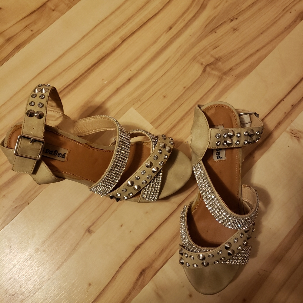 Strappy, embellished cork wedge sandals, Women's sz 7